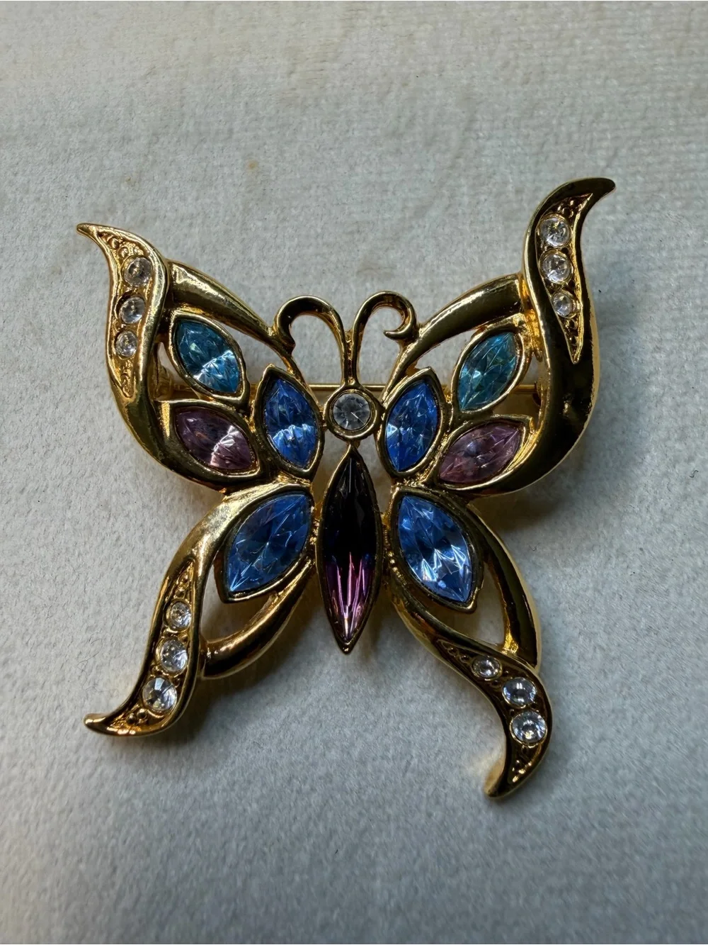 Gold-Tone Multicolor Butterfly Brooch - Blue Pink Accents